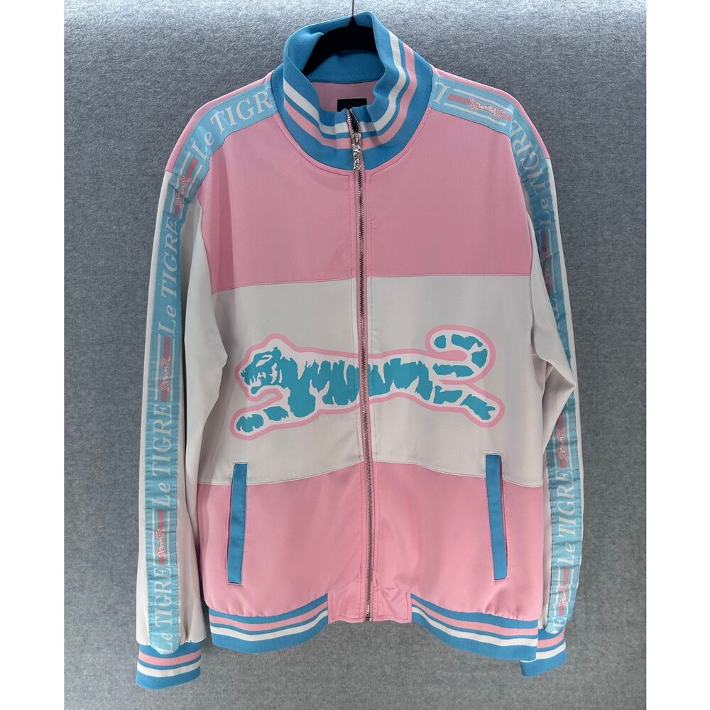 Le Tigre Men's sz XL Pink Blue & White Track Jacket Pastel Tri Color Large Logo